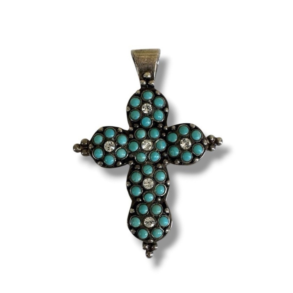 Vintage BARSE 925 Sterling Silver Turquoise Pave Flower Cluster Cross Pendant